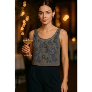 WALTER BAKER Elise Crop Top, Beaded Mesh Scoop Neck Gray Cocktails, Party NEW XS